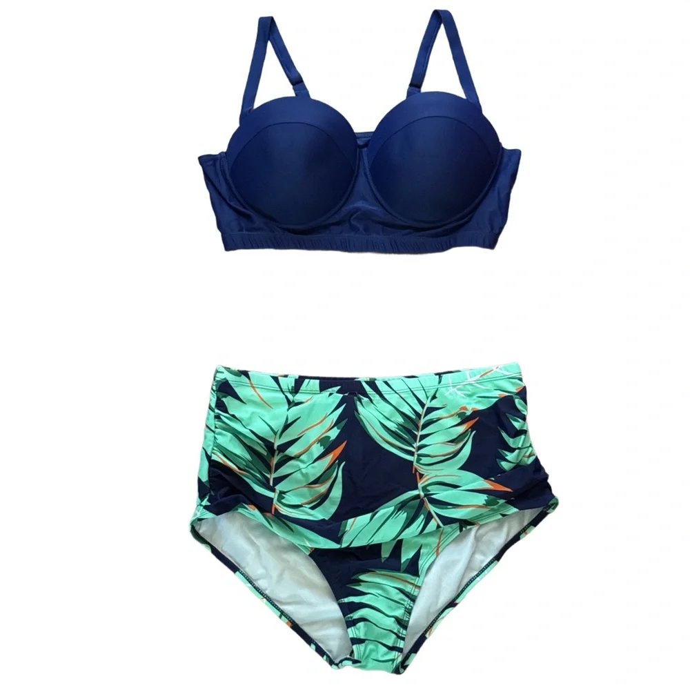 Navy Blue Molded Bikini Top Retro High Waist Tropical Bottoms NWOT Size XXL